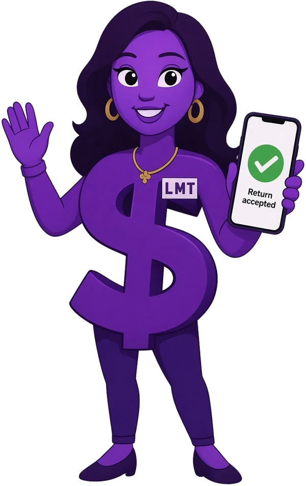 Melika, the Lawson Mobile Tax mascot, waving and holding a phone that says Return accepted